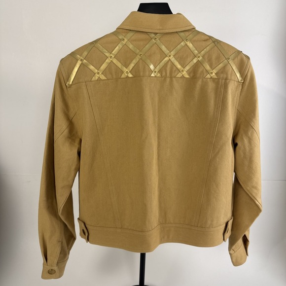 VTG 80s/90s Apart Denim Jacket  Size 12 Camel Tan Gold Grid Strap Studded Stains - Picture 2 of 10